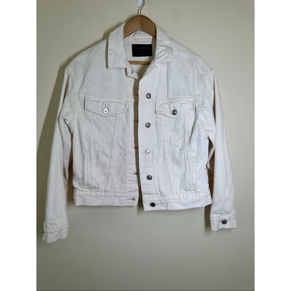 🌸 AllSaints Pink and White Button Front Jean Jacket size Small